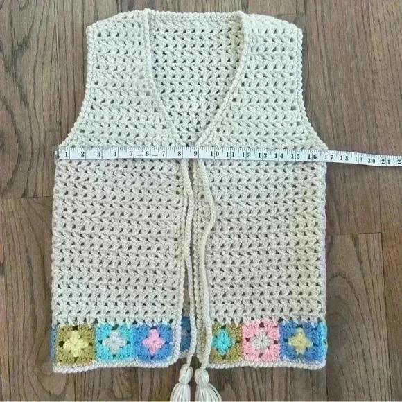 Crochet Cream and Multicolor Granny Square Tie Front with Tassle Wool Boho Vest - Picture 14 of 15